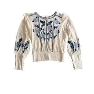 Free People Felicity Top Ivory Blue Embroidered Boho Blouse NWT Size M